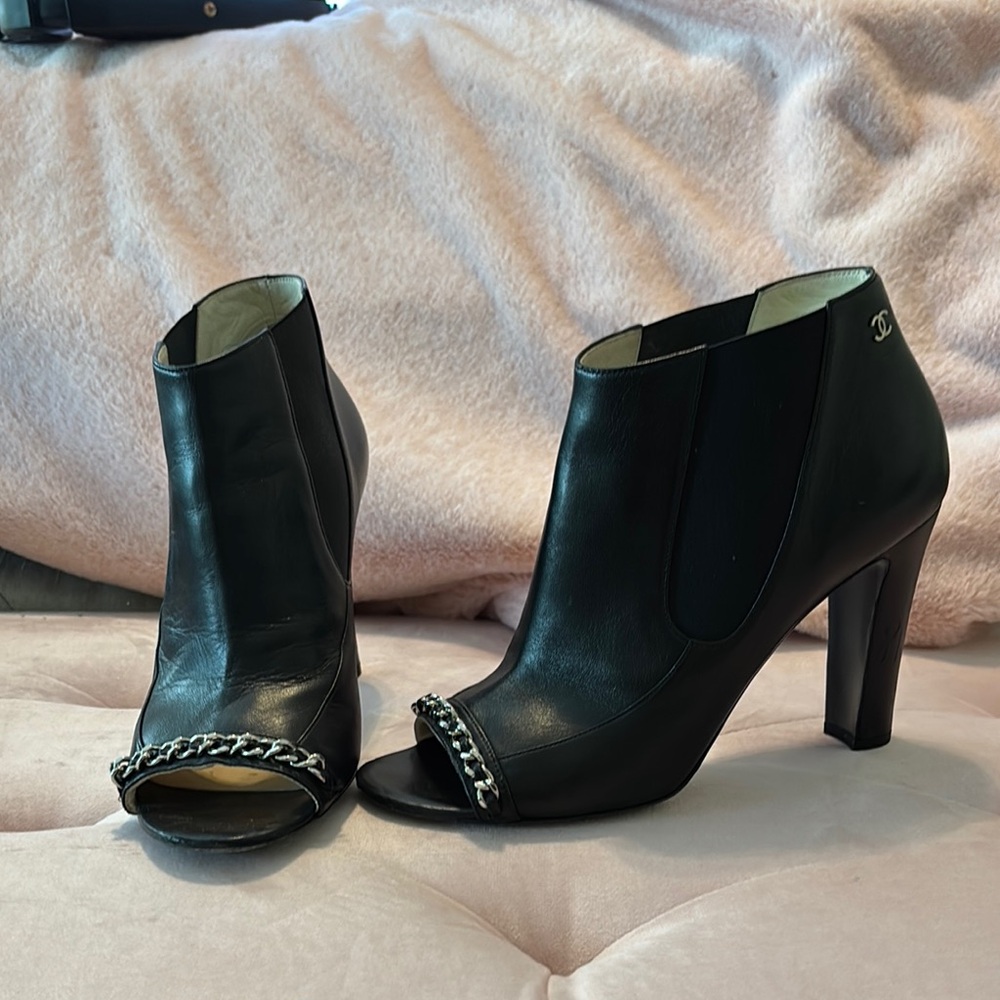 Black Leather Chanel Ankle Boots with Chain Detail
